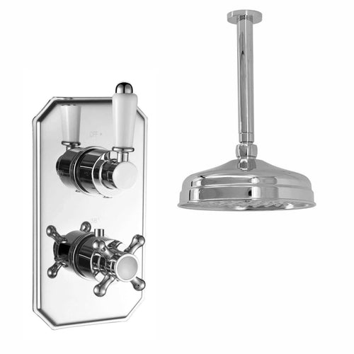Buy Regent Traditional Crosshead And White Lever Concealed Thermostatic Shower Set Ceiling Fixed 8" Shower Head - Chrome (1 Outlet) online UK