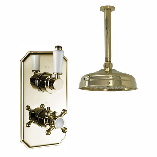 Buy Regent Traditional Crosshead And White Lever Concealed Thermostatic Shower Set Ceiling Fixed 8" Shower Head - brass Gold (1 Outlet) online UK