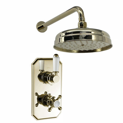 Buy Regent Traditional Crosshead And White Lever Concealed Thermostatic Shower Set Wall Fixed 8" Shower Head - Gold (1 Outlet) online UK