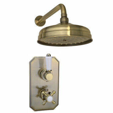 Buy Regent Traditional Crosshead And White Lever Concealed Thermostatic Shower Set Wall Fixed 8" Shower Head - Antique Brass (1 Outlet) online UK