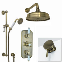 Regent Traditional Crosshead And White Lever Concealed Thermostatic Shower Set Incl. Triple Diverter Valve, Wall Fixed 8" Shower Head, Slider Rail Kit, Bath Filler Waste with Overflow - Antique Bronze (3 Outlet)