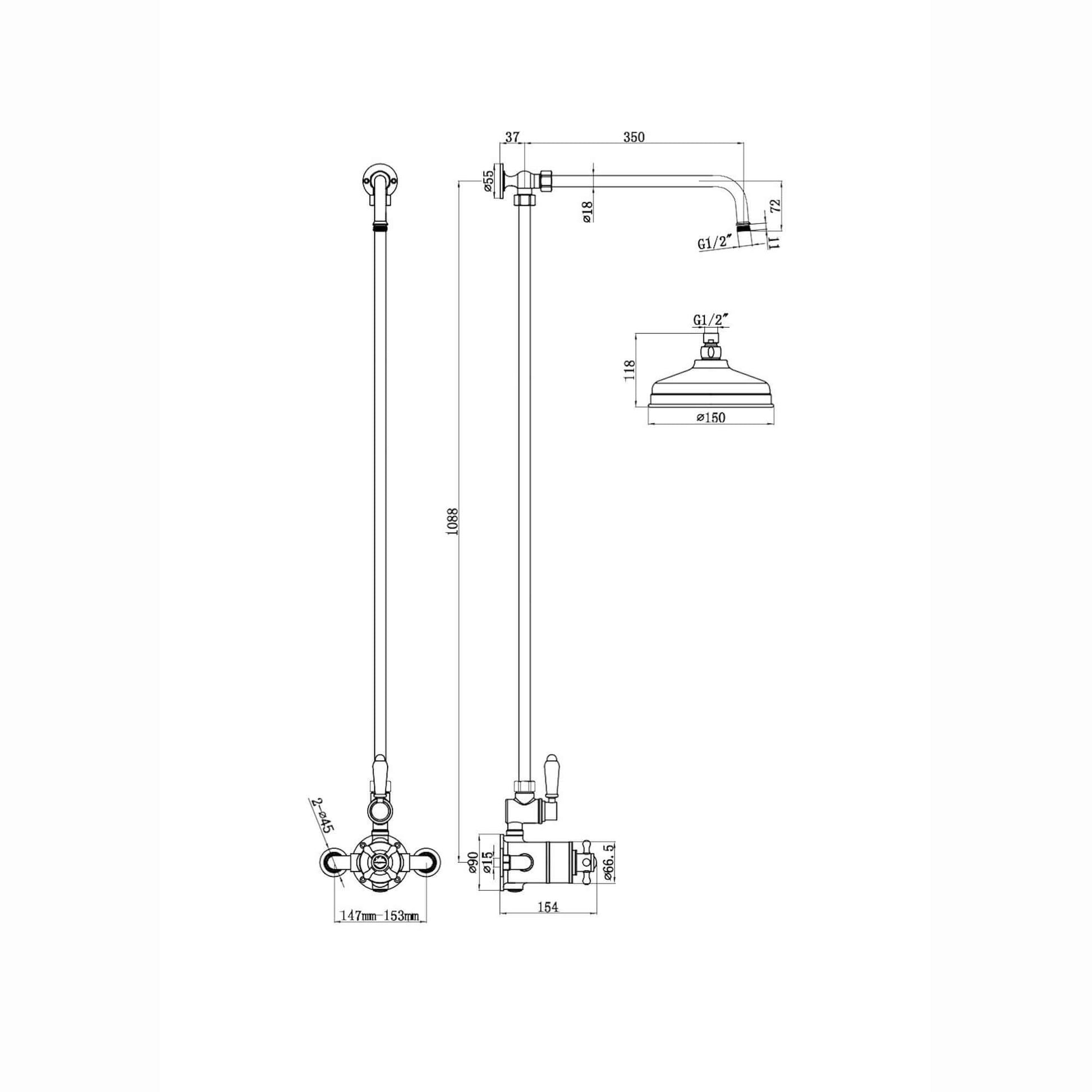 Downton Exposed Traditional Thermostatic Shower Set Single Outlet Incl. Twin Shower Valve, Rigid Riser Rail, 150mm Shower Head - Chrome And White - Showers