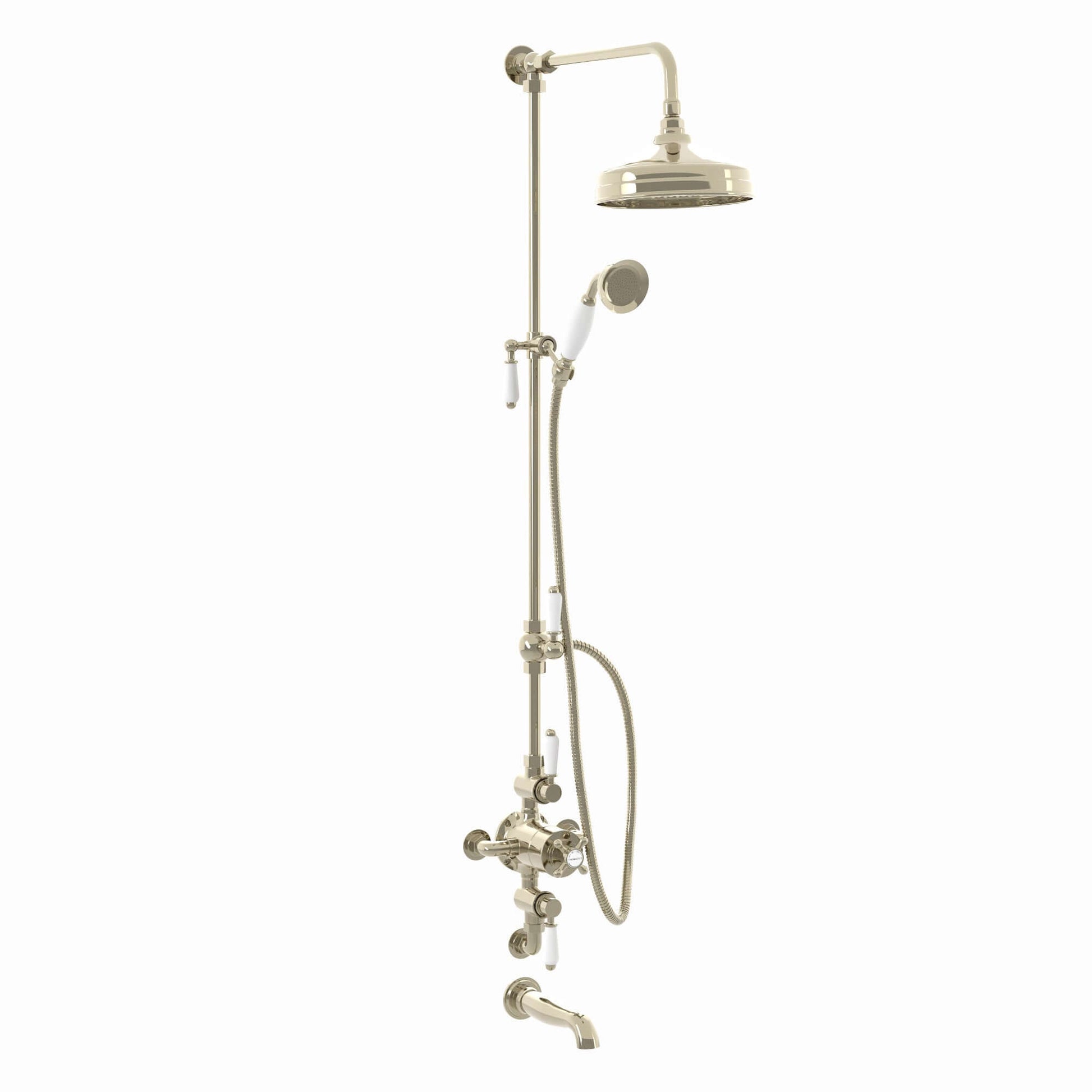 Downton Exposed Traditional Thermostatic Shower Set 3 Outlet, Incl. Triple Shower Valve, Rigid Riser Rail, 200mm Shower Head, Handset & Bath Filler - English Gold And White - Showers