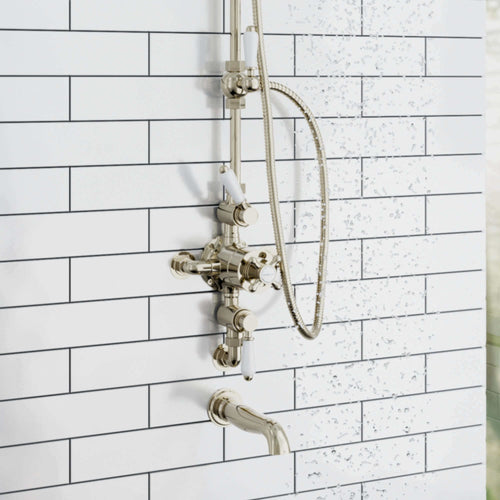 Buy Downton Exposed Traditional Thermostatic Shower Set 3 Outlet, Incl. Triple Shower Valve, Rigid Riser Rail, 200mm Shower Head, Handset & Bath Filler - Gold online UK
