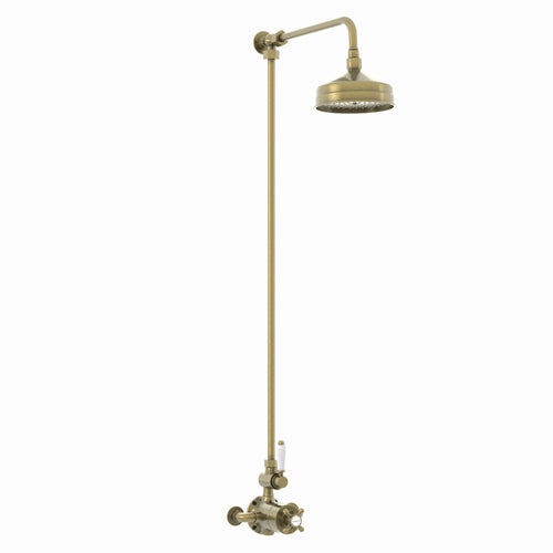 Buy Downton Exposed Traditional Thermostatic Shower Set Single Outlet Incl. Twin Shower Valve, Rigid Riser Rail, 150mm Shower Head - Antique Brass online UK