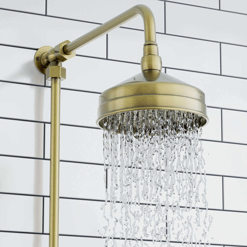 Buy Downton Exposed Traditional Thermostatic Shower Set Single Outlet Incl. Twin Shower Valve, Rigid Riser Rail, 150mm Shower Head - Antique Brass online UK
