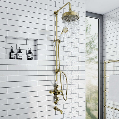 Buy Downton Exposed Traditional Thermostatic Shower Set 3 Outlet, Incl. Triple Shower Valve, Rigid Riser Rail, 200mm Shower Head, Handset & Bath Filler - Antique Brass online UK