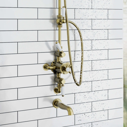 Buy Downton Exposed Traditional Thermostatic Shower Set 3 Outlet, Incl. Triple Shower Valve, Rigid Riser Rail, 200mm Shower Head, Handset & Bath Filler - Antique Brass online UK