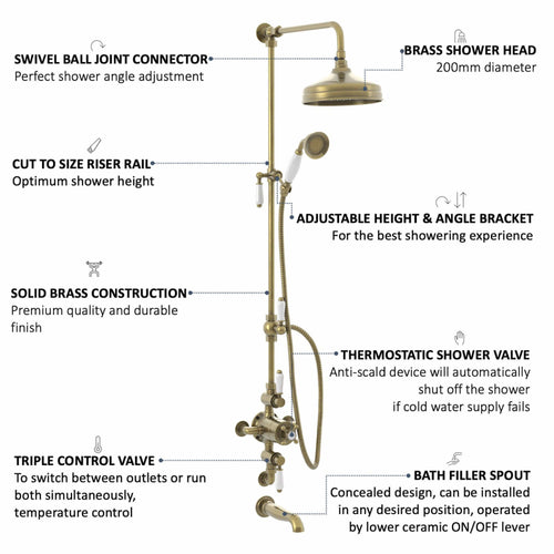 Buy Downton Exposed Traditional Thermostatic Shower Set 3 Outlet, Incl. Triple Shower Valve, Rigid Riser Rail, 200mm Shower Head, Handset & Bath Filler - Antique Brass online UK