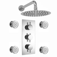 Venice Contemporary Round Concealed Thermostatic Shower Set Incl. Triple Valve, Wall Fixed 8" Shower Head, 4 Spa Body Jets - Chrome (2 Outlet)