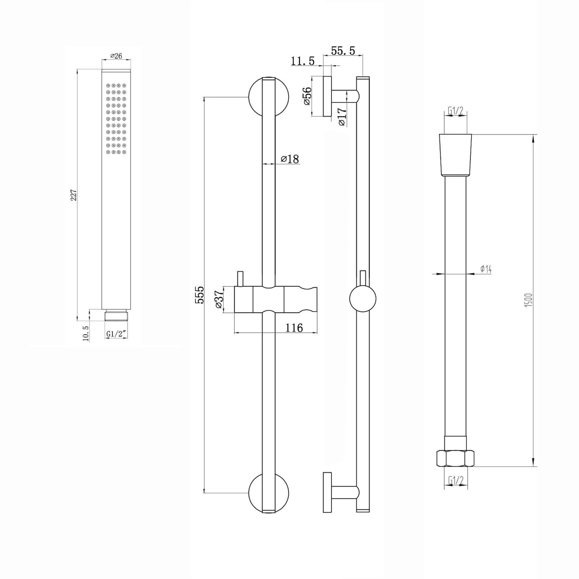 Dune contemporary thermostatic shower mixer bar valve with slider rail kit - matte black - Showers