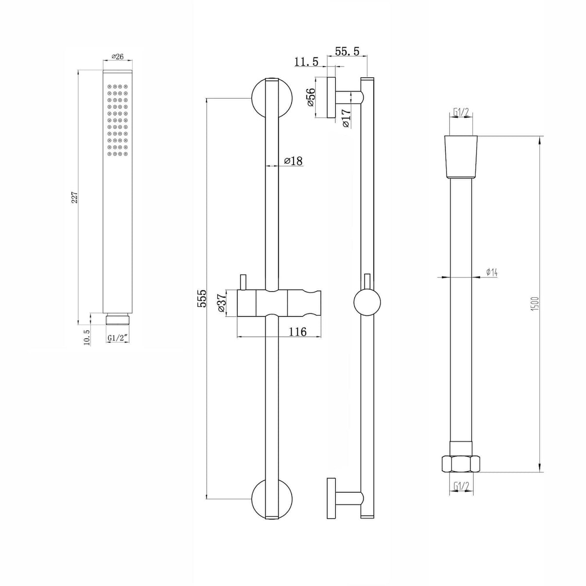 Dune contemporary thermostatic shower mixer bar valve with slider rail