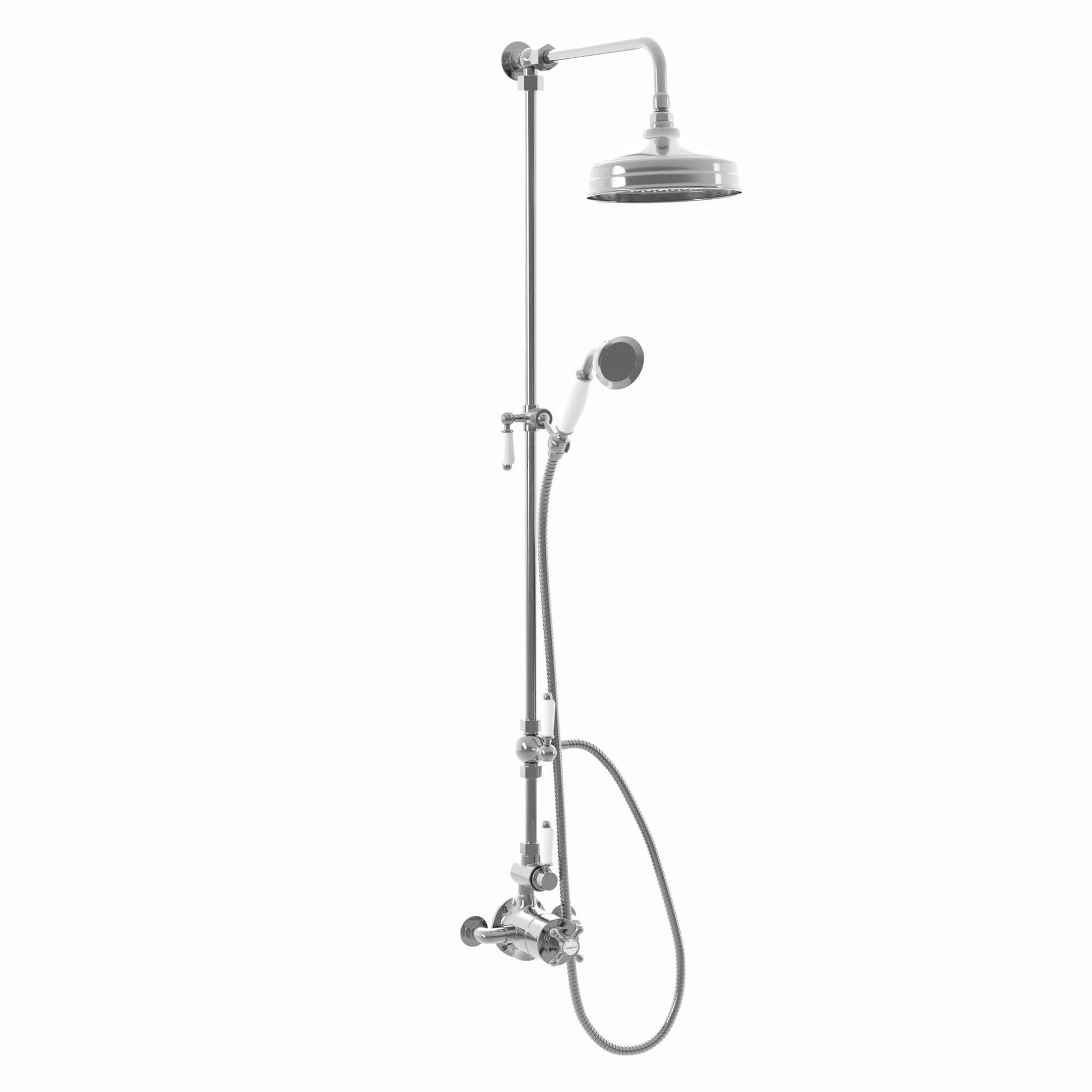 Downton Exposed Traditional Thermostatic Shower Set 2 Outlet Incl. Twin Shower Valve With Diverter, Rigid Riser Rail, 200mm Shower Head & Ceramic Handset - Chrome And White - Showers