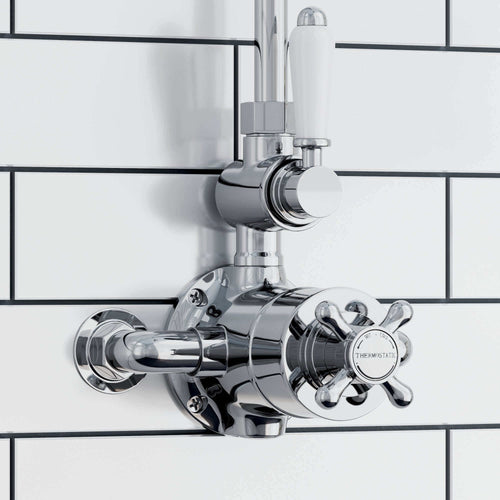 Buy Downton Exposed Traditional Thermostatic Shower Set 2 Outlet Incl. Twin Shower Valve With Diverter, Rigid Riser Rail, 200mm Shower Head & Ceramic Handset - Chrome online UK