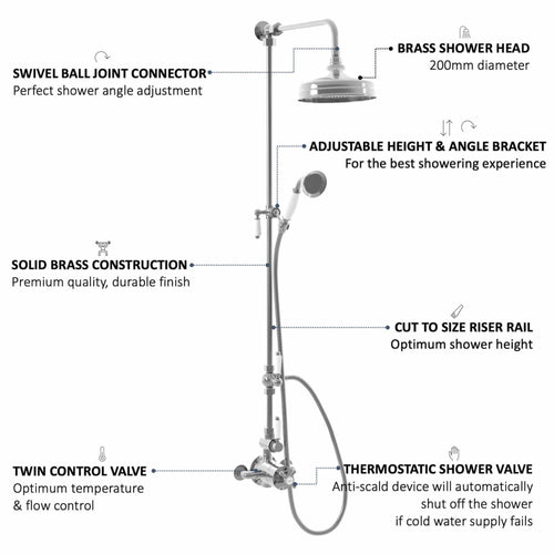 Buy Downton Exposed Traditional Thermostatic Shower Set 2 Outlet Incl. Twin Shower Valve With Diverter, Rigid Riser Rail, 200mm Shower Head & Ceramic Handset - Chrome online UK