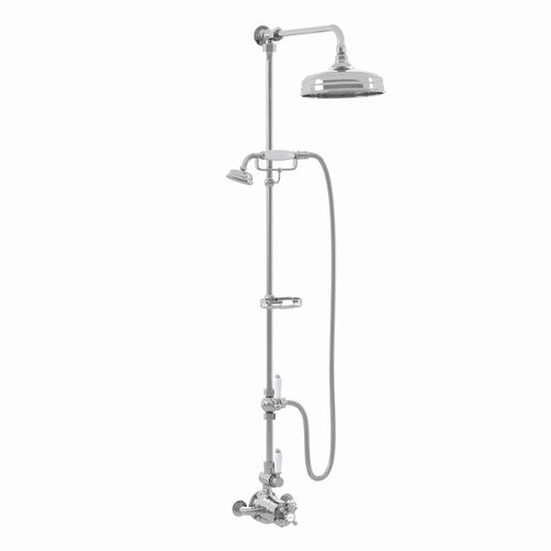 Buy Downton Exposed Traditional Thermostatic Shower Set 2 Outlet Incl. Twin Shower Valve With Diverter, Rigid Riser Rail, 200mm Shower Head, Telephone Style Ceramic Handset & Caddy - Chrome online UK