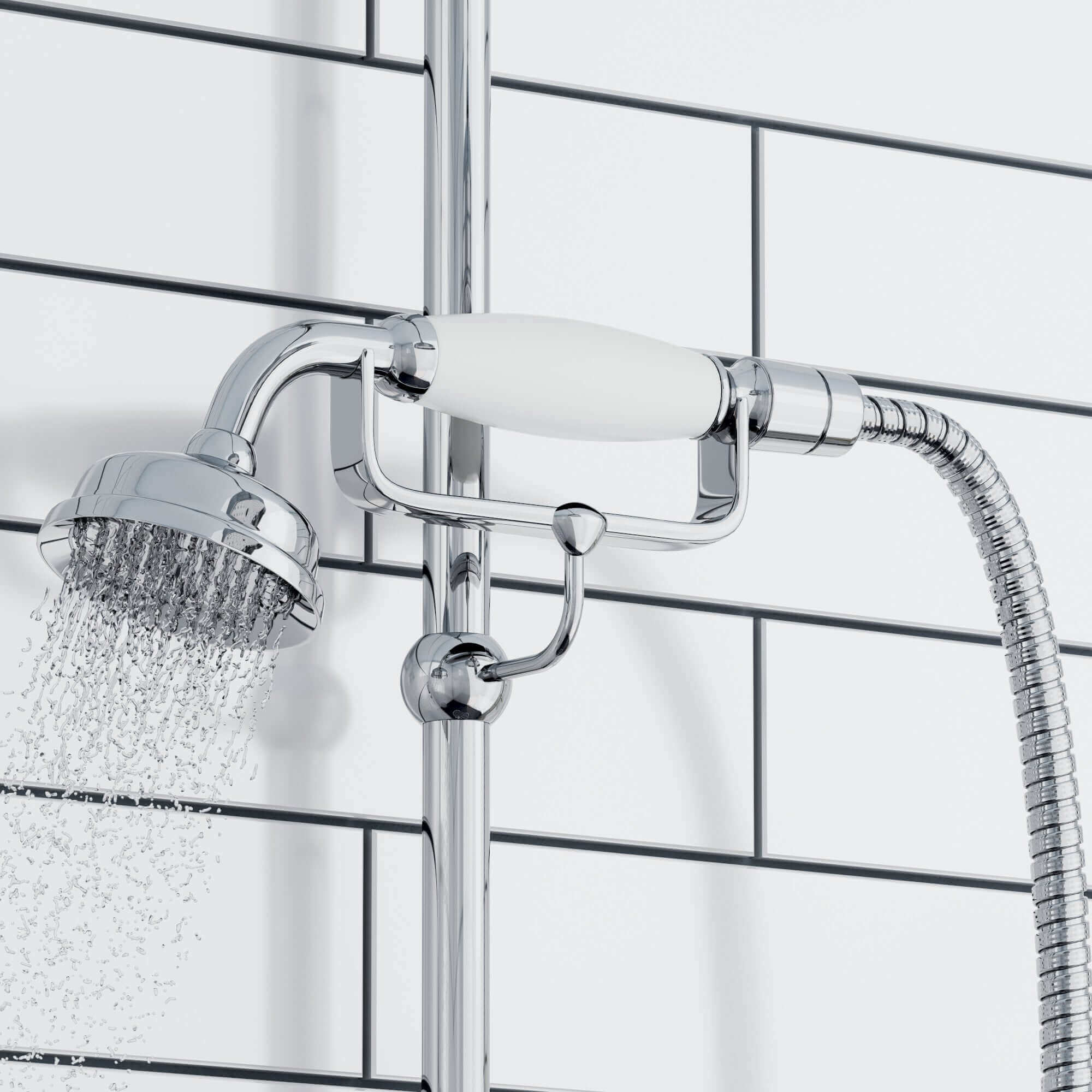 Downton Exposed Traditional Thermostatic Shower Set 2 Outlet Incl. Twin  Shower Valve With Diverter, Rigid Riser Rail, 200mm Shower Head, Telephone  Style Ceramic Handset & Caddy - Chrome at £369.99 only - Enki