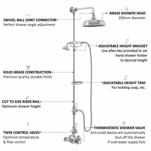 Buy Downton Exposed Traditional Thermostatic Shower Set 2 Outlet Incl. Twin Shower Valve With Diverter, Rigid Riser Rail, 200mm Shower Head, Telephone Style Ceramic Handset & Caddy - Chrome online UK