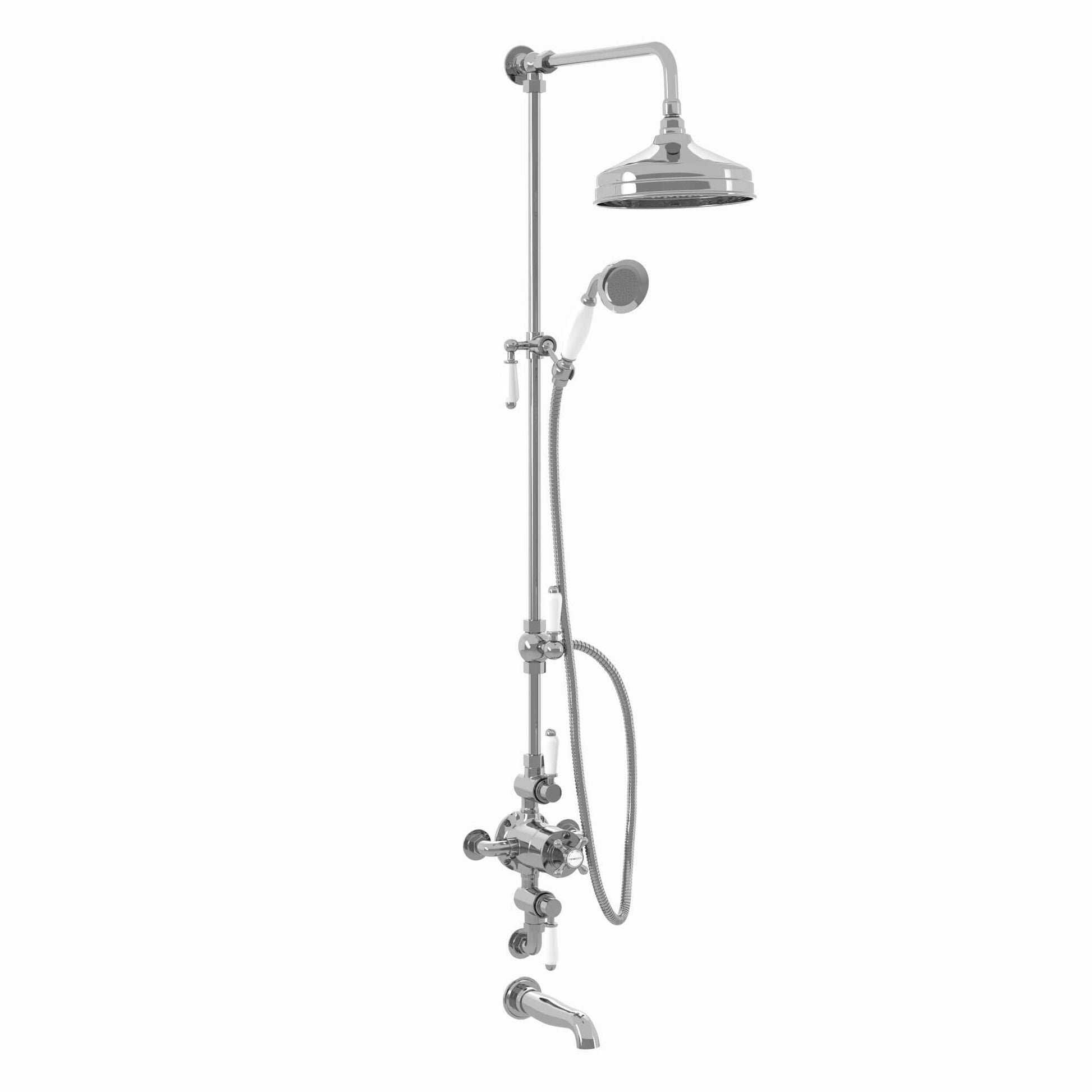 Downton Exposed Traditional Thermostatic Shower Set 3 Outlet, Incl. Triple Shower Valve, Rigid Riser Rail, 200mm Shower Head, Handset & Bath Filler - Chrome And White - Showers
