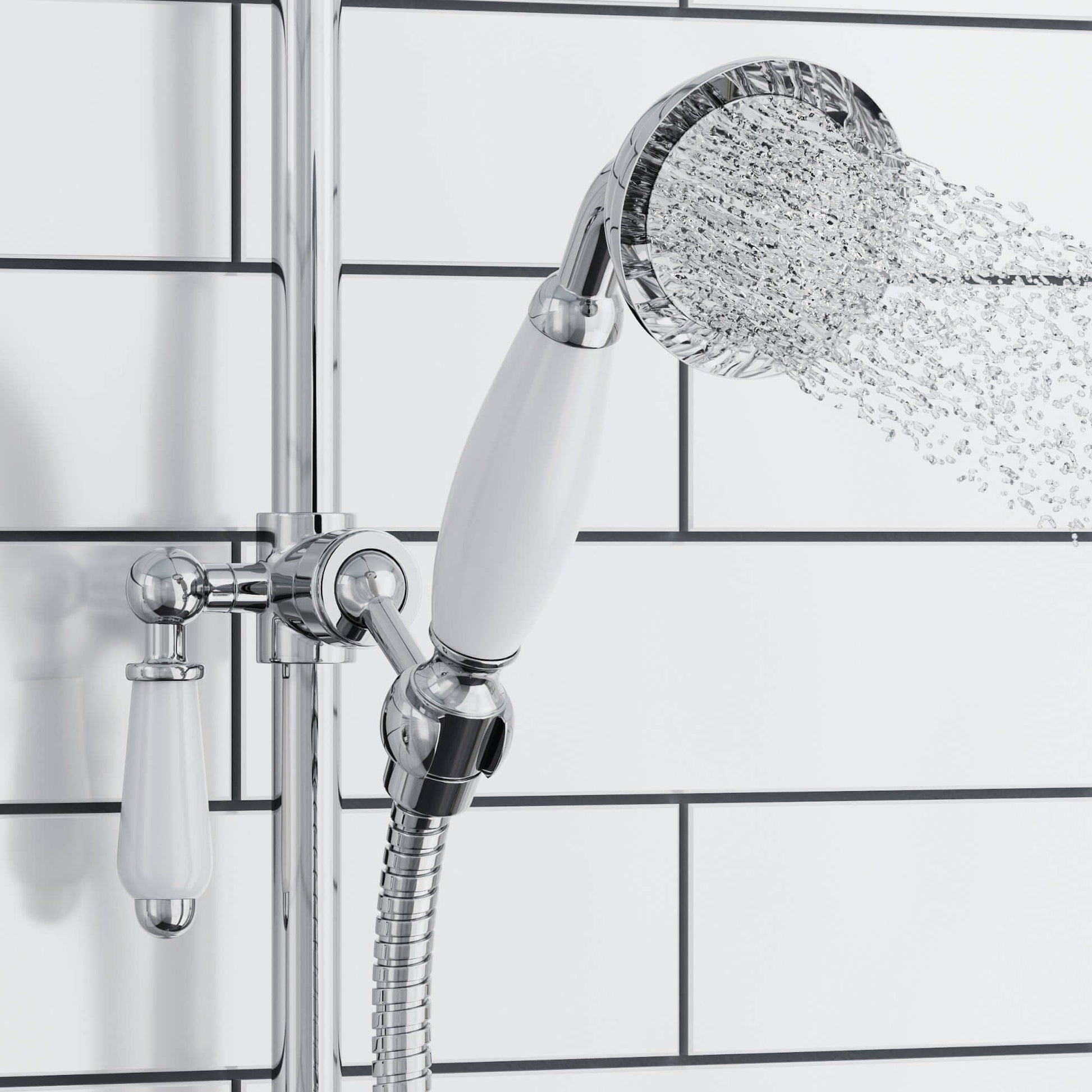 Downton Exposed Traditional Thermostatic Shower Set 3 Outlet, Incl. Triple Shower Valve, Rigid Riser Rail, 200mm Shower Head, Handset & Bath Filler - Chrome And White - Showers
