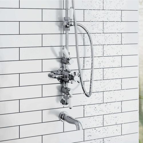 Buy Downton Exposed Traditional Thermostatic Shower Set 3 Outlet, Incl. Triple Shower Valve, Rigid Riser Rail, 200mm Shower Head, Handset & Bath Filler - Chrome online UK