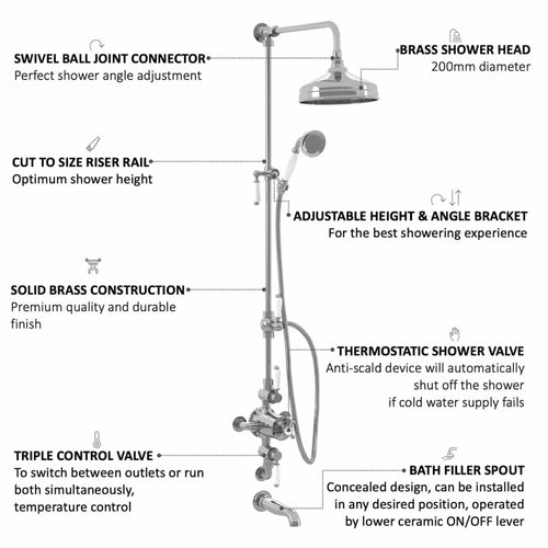 Buy Downton Exposed Traditional Thermostatic Shower Set 3 Outlet, Incl. Triple Shower Valve, Rigid Riser Rail, 200mm Shower Head, Handset & Bath Filler - Chrome online UK