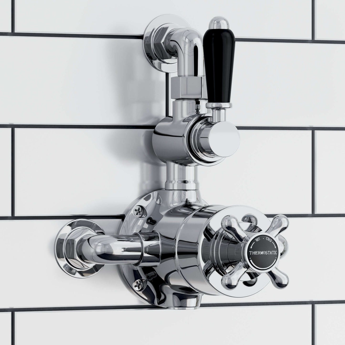 Downton Traditional Twin Thermostatic Shower Valve Exposed With Top Return To Wall Bend - Chrome With Black Levers