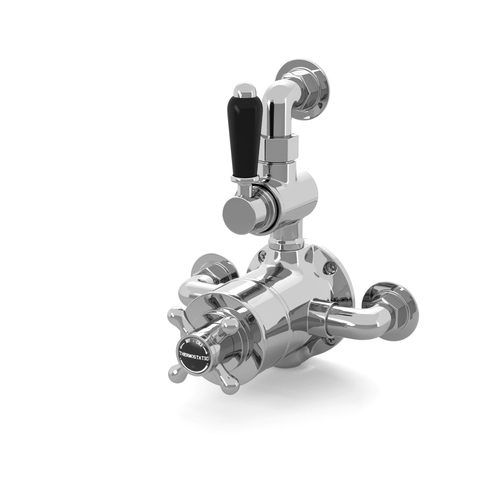 Buy Downton traditional twin thermostatic shower valve semi-exposed - chrome with black lever online UK