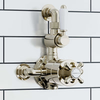 Downton Traditional Twin Thermostatic Shower Valve Exposed With Top Return To Wall Bend - English Gold With White Levers
