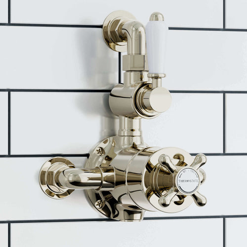 Buy Downton traditional twin thermostatic shower valve semi-exposed - gold online UK