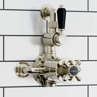 Downton Traditional Twin Thermostatic Shower Valve Exposed With Top Return To Wall Bend - English Gold With Black Levers