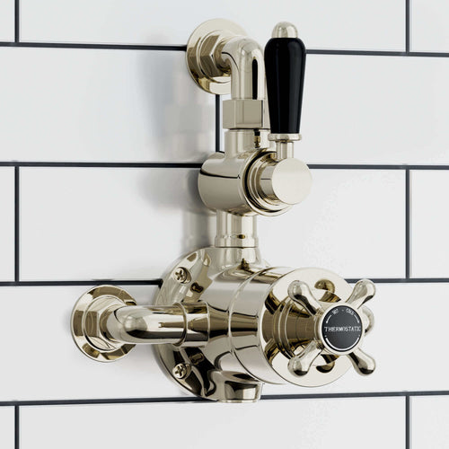 Buy Downton traditional twin thermostatic shower valve semi-exposed - gold with black lever online UK
