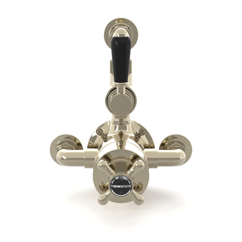 Buy Downton traditional twin thermostatic shower valve semi-exposed - gold with black lever online UK