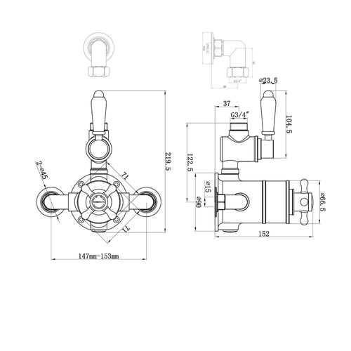 Buy Downton traditional twin thermostatic shower valve semi-exposed - gold with black lever online UK