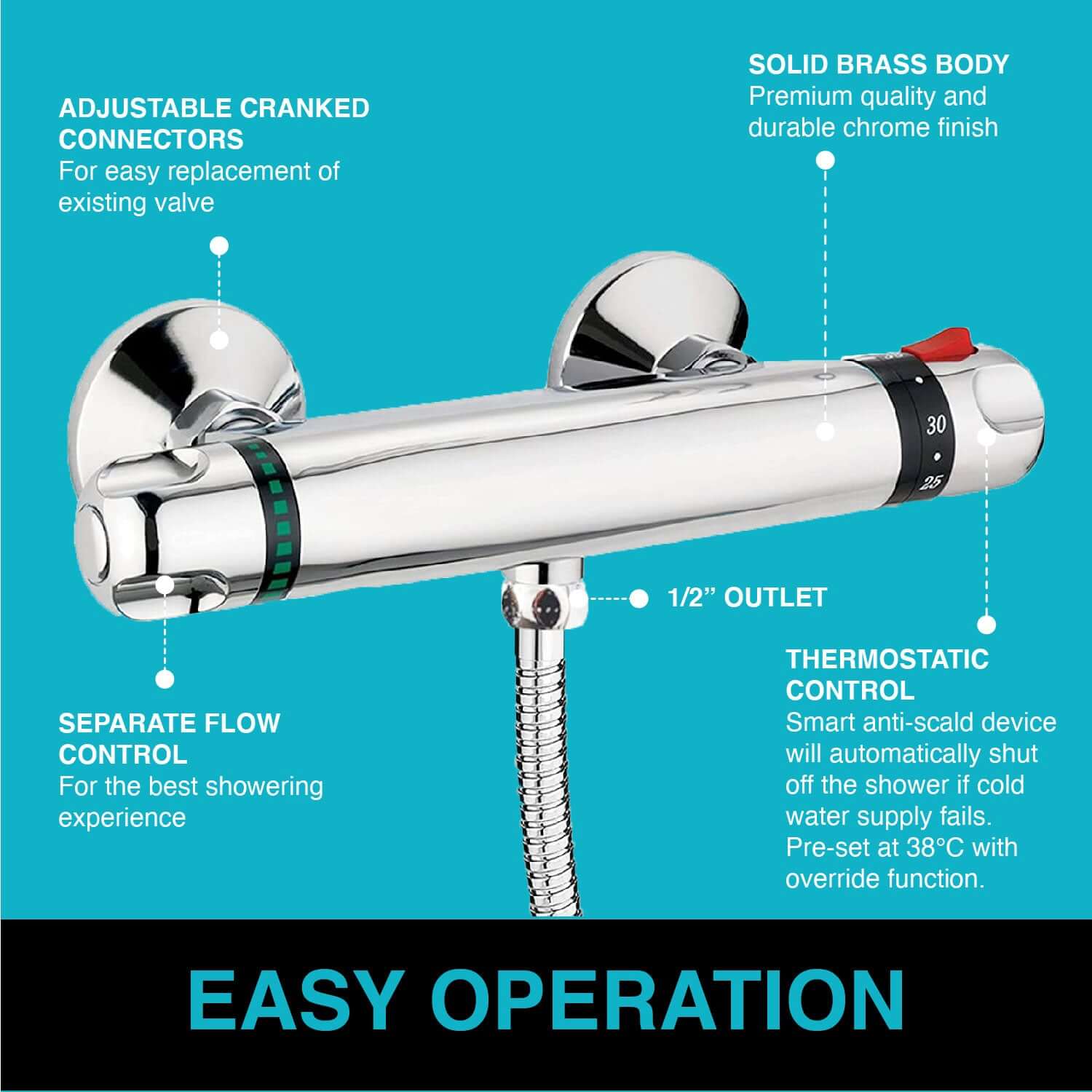 Luna standard thermostatic bar shower valve bottom outlet - chrome - Showers