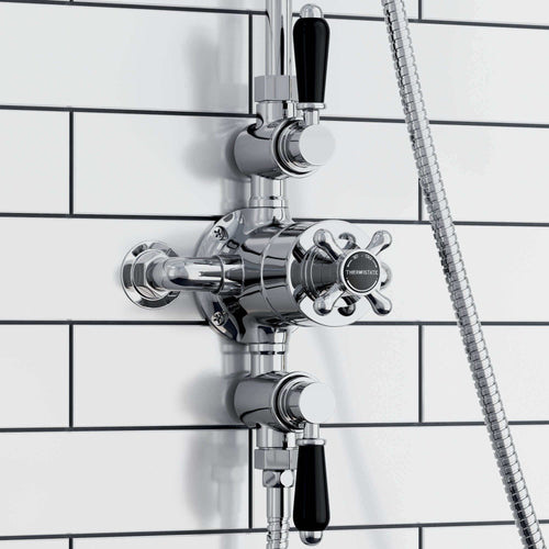Buy Downton traditional triple thermostatic shower valve two outlet - chrome & black online UK