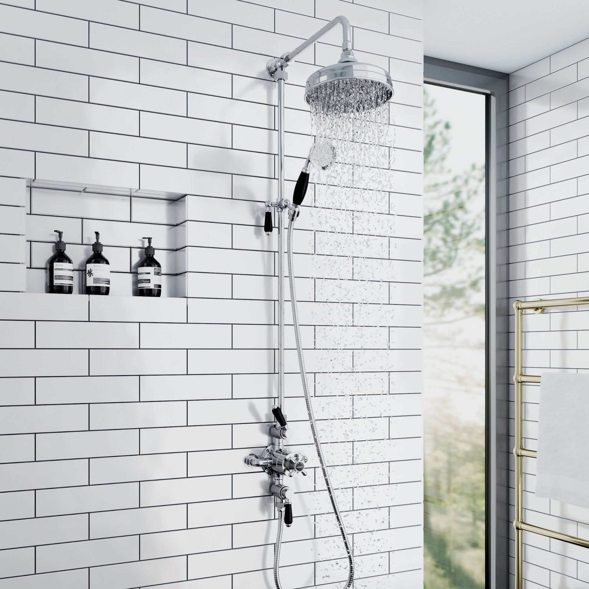 Downton traditional triple thermostatic shower valve two outlet - chrome & black - Showers