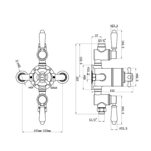 Buy Downton traditional triple thermostatic shower valve two outlet - chrome & white online UK