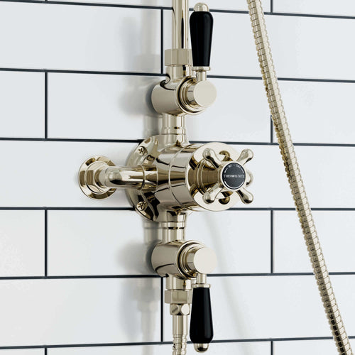 Buy Downton traditional triple thermostatic shower valve two outlet - gold & black online UK