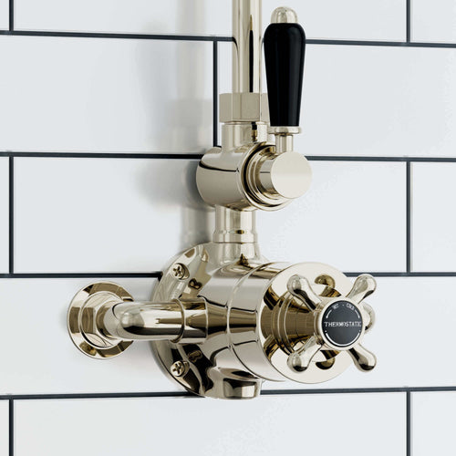 Buy Downton traditional twin thermostatic shower valve exposed 3/4" top outlet - gold & black online UK
