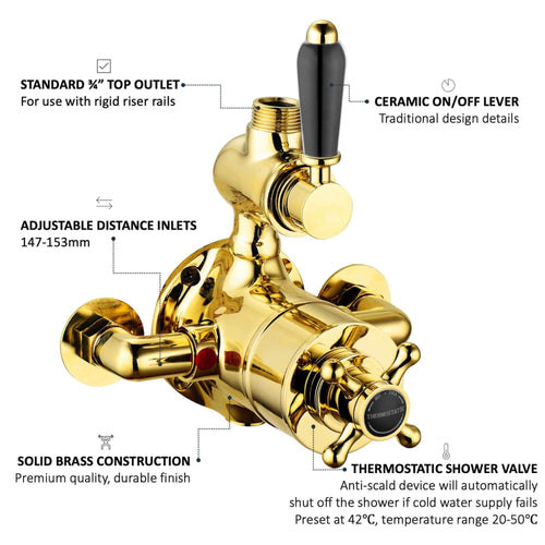 Buy Downton traditional twin thermostatic shower valve exposed 3/4" top outlet - gold & black online UK