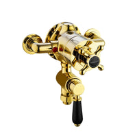 T91-01-Downton-traditional-twin-thermostatic-shower-valve-bottom-half-inch-outlet-gold-black-levers