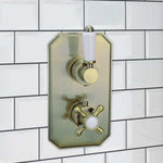 Buy Regent traditional crosshead and lever concealed thermostatic twin shower valve with 2 outlets - antique brass online UK