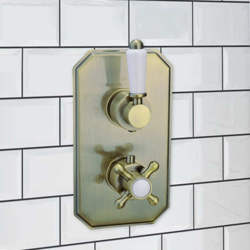 Buy Regent traditional crosshead and lever concealed thermostatic twin shower valve with 2 outlets - antique brass online UK