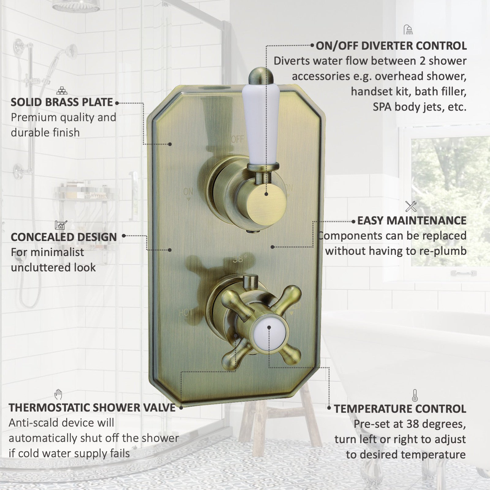 Regent traditional crosshead and lever concealed thermostatic twin shower valve with 2 outlets - antique bronze - Showers
