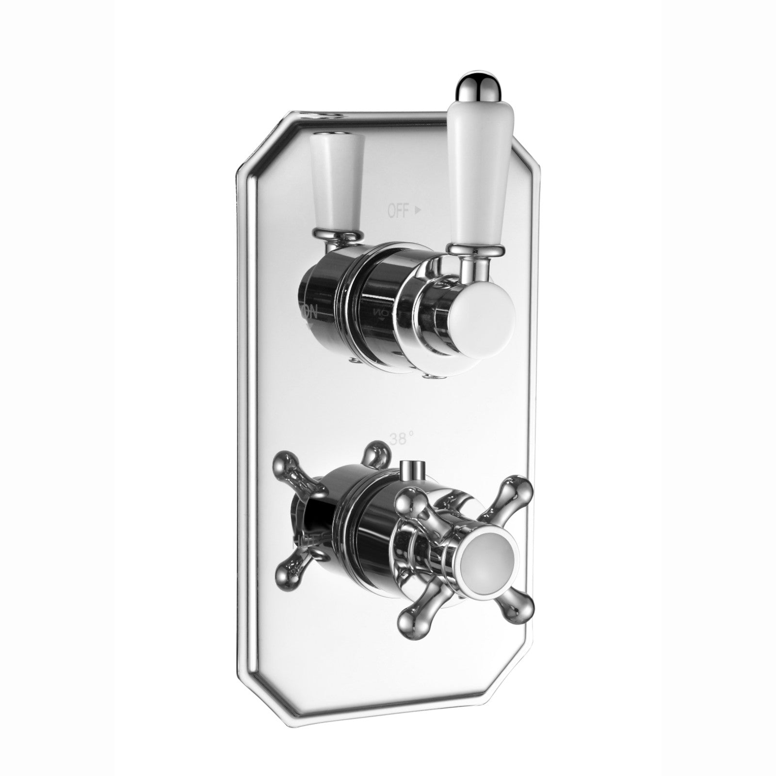 Regent traditional crosshead and white lever concealed thermostatic twin shower valve with 1 outlet - chrome - Showers