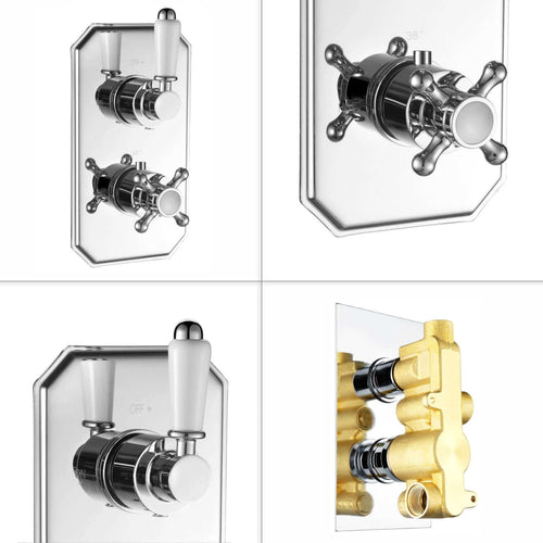 Buy Regent traditional crosshead and white lever concealed thermostatic twin shower valve with 1 outlet - chrome online UK