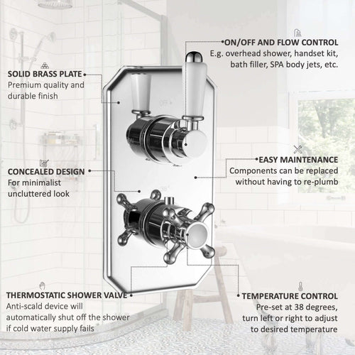 Buy Regent traditional crosshead and white lever concealed thermostatic twin shower valve with 1 outlet - chrome online UK