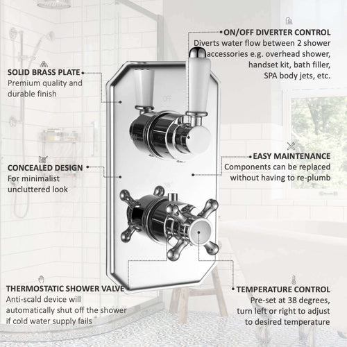 Buy Regent traditional crosshead and white lever concealed thermostatic twin shower valve with 2 outlets - chrome online UK