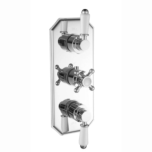 Buy Regent traditional crosshead and white lever concealed thermostatic triple shower valve with 2 outlets - chrome online UK